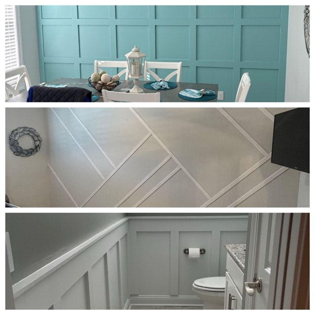 Before & after — teal picture frame wainscoting dining room, chevron accent wall, and powder room wainscoting