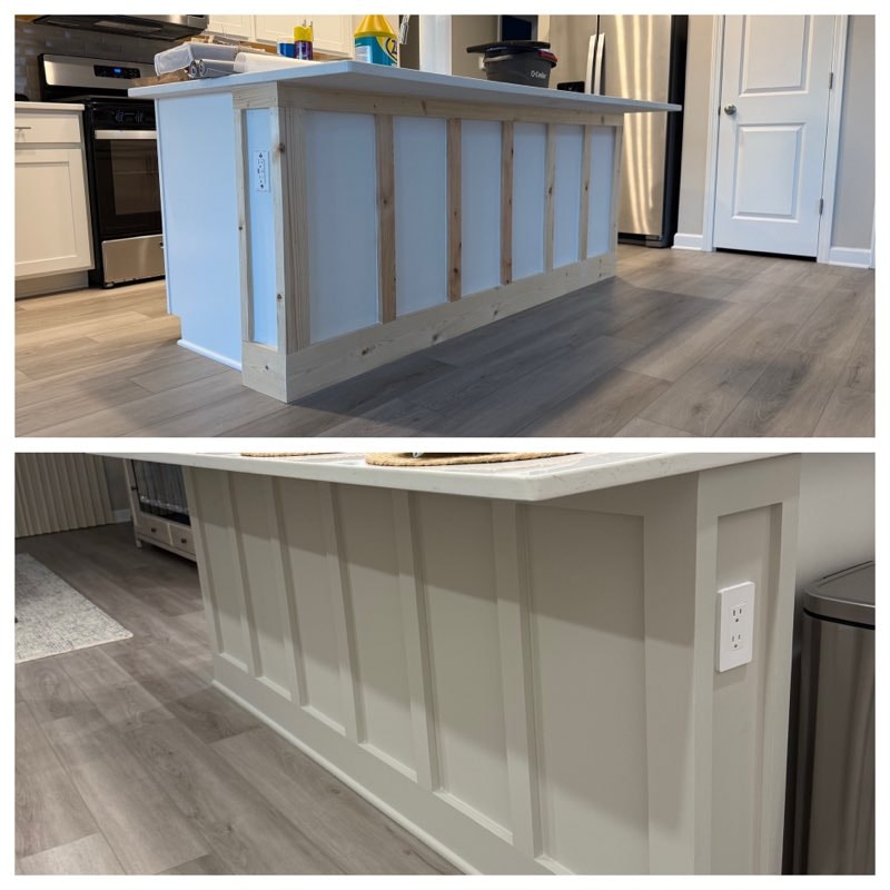 Before & after — kitchen island board and batten panel trim build