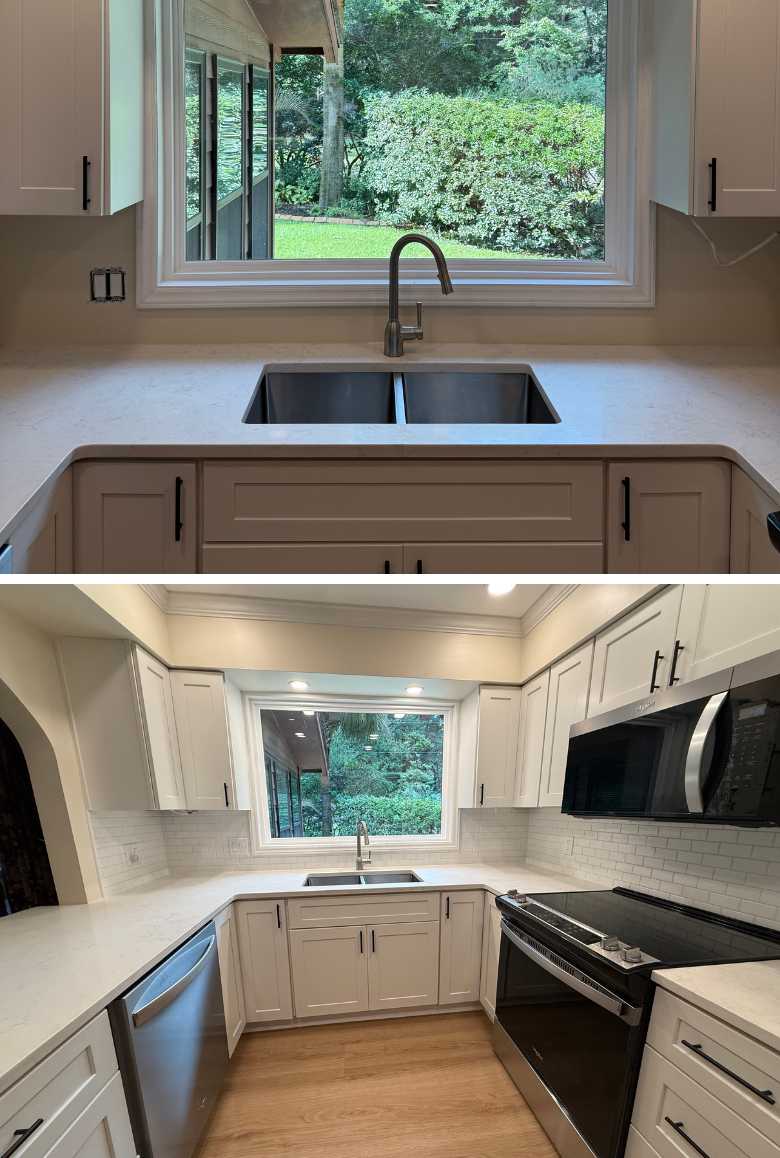 Before & after — full kitchen renovation with white cabinets, backsplash, and countertops