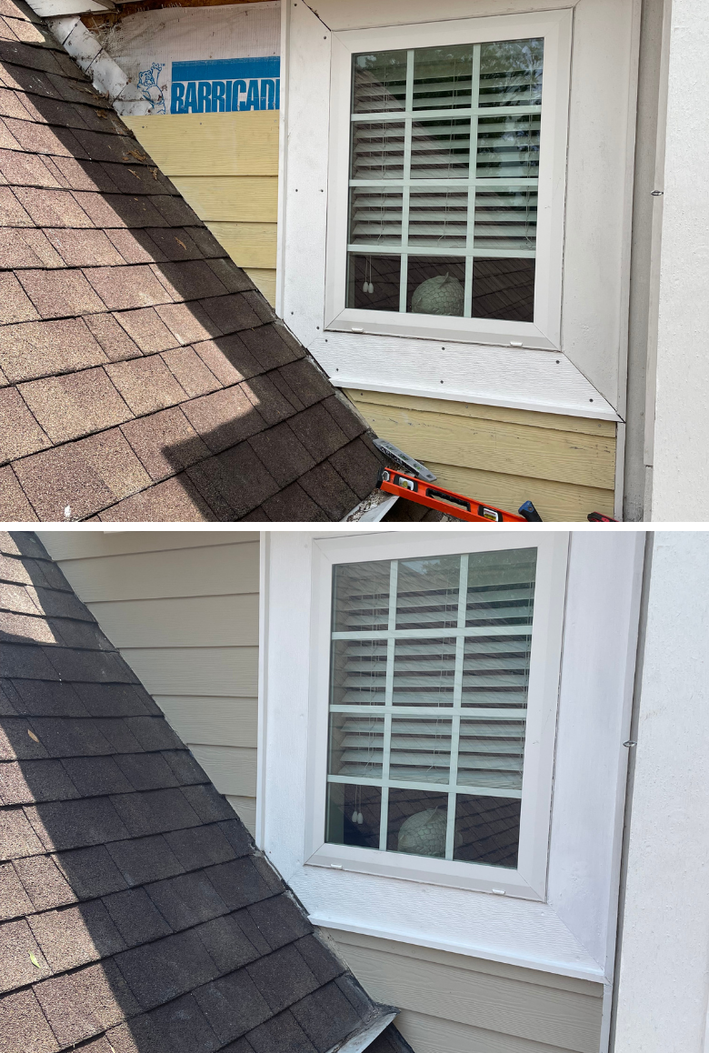 Before & after — exterior siding and window trim repair and replacement