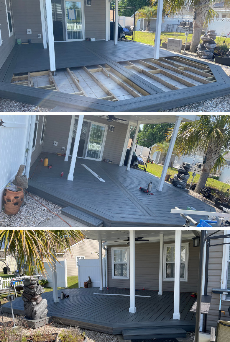 Before & after — composite deck replacement and porch rebuild