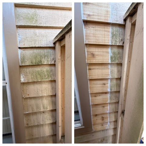 Before & after — exterior cedar siding cleaning and restoration
