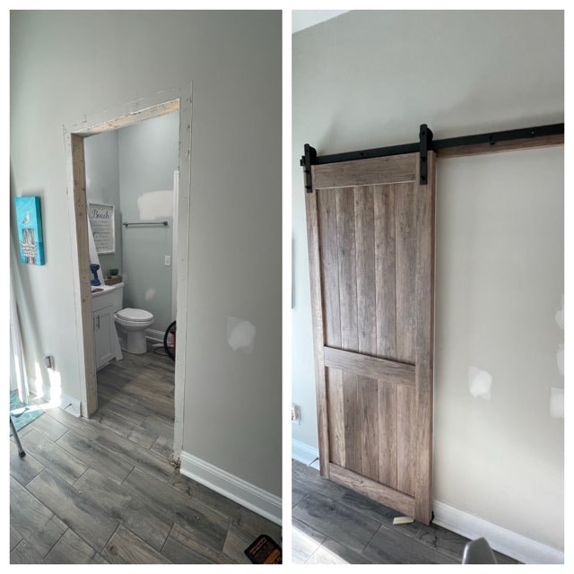 Before & after — barn door installation replacing standard bathroom doorway