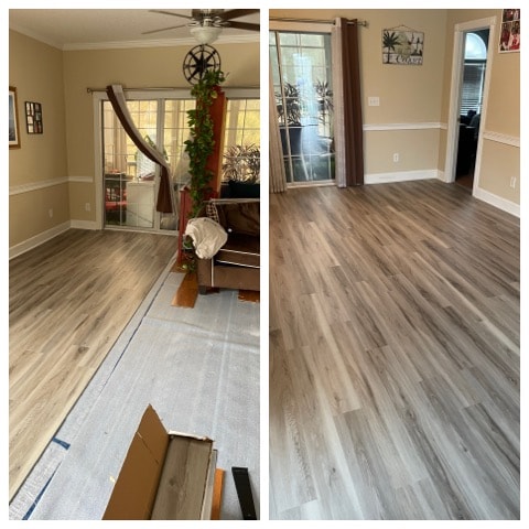 Before & after — living room luxury vinyl plank flooring installation